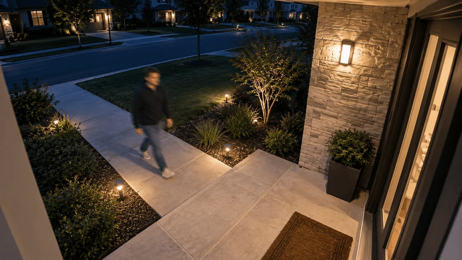 Blurred man walking on a lit stone pathway at night.