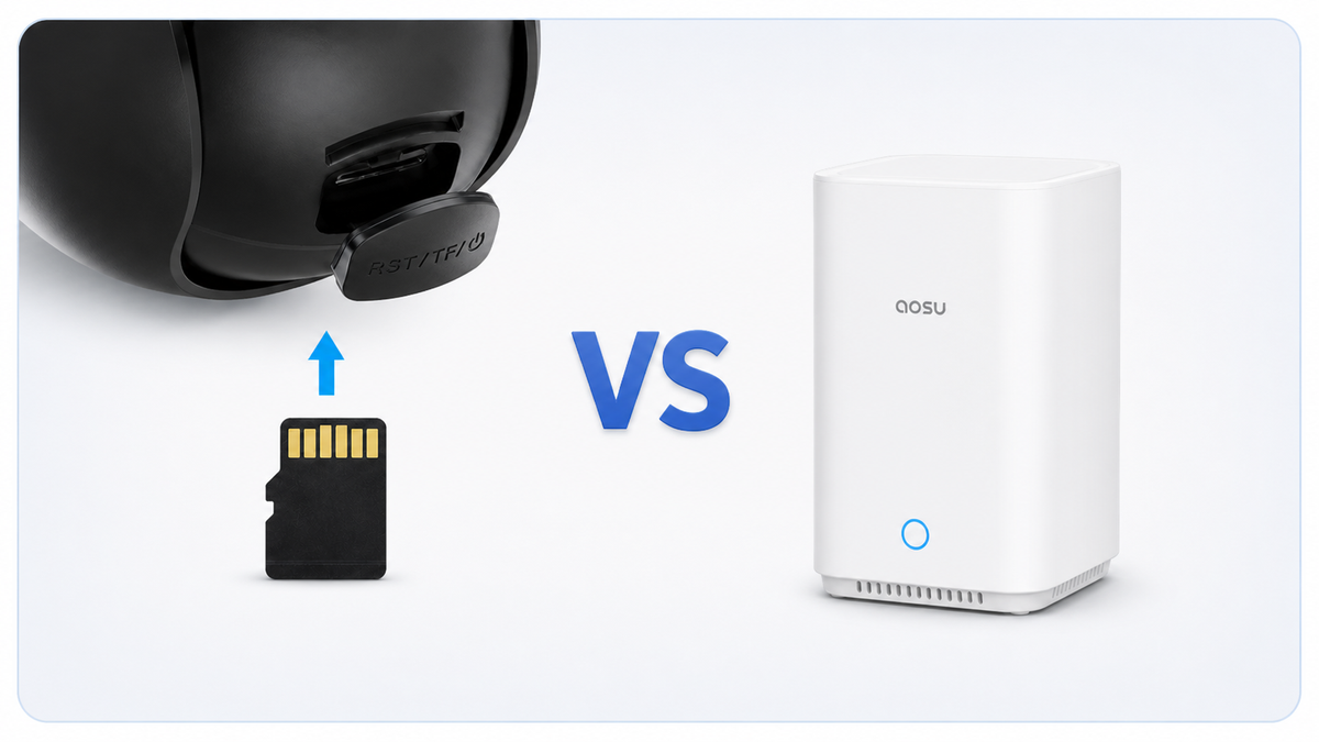 microSD card going into a security camera compared with an aosuBase indoor storage hub