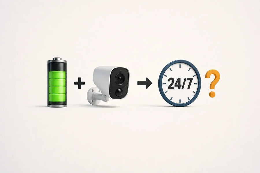 Battery icon plus camera arrow to 24/7 clock with question mark