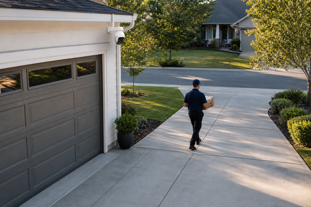 PTZ security camera monitoring an open driveway while separate home entrances remain outside its current view