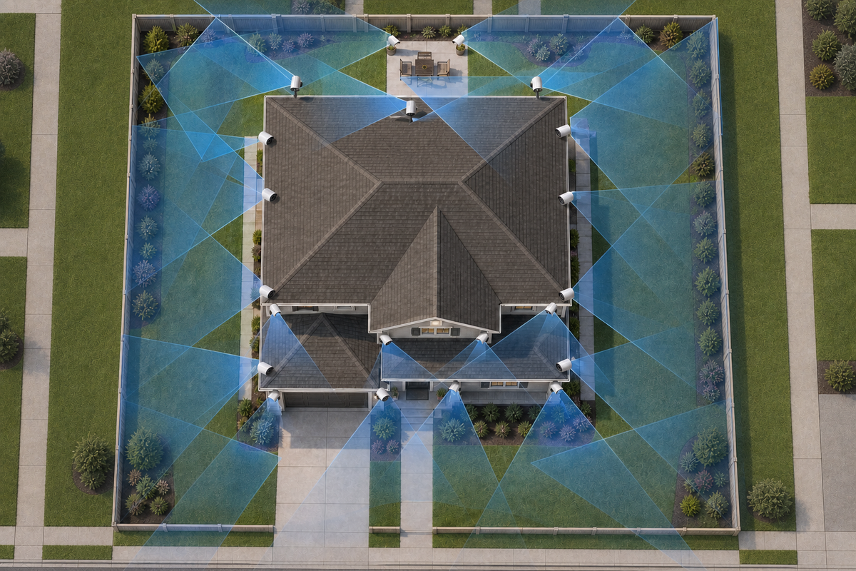 Overhead view of a suburban home surrounded by many security cameras with heavily overlapping fields of view
