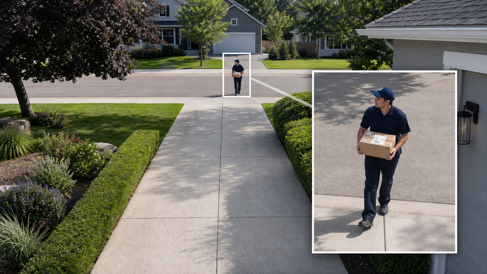Security camera resolution comparison showing 2K and 4K views of a person outside a home