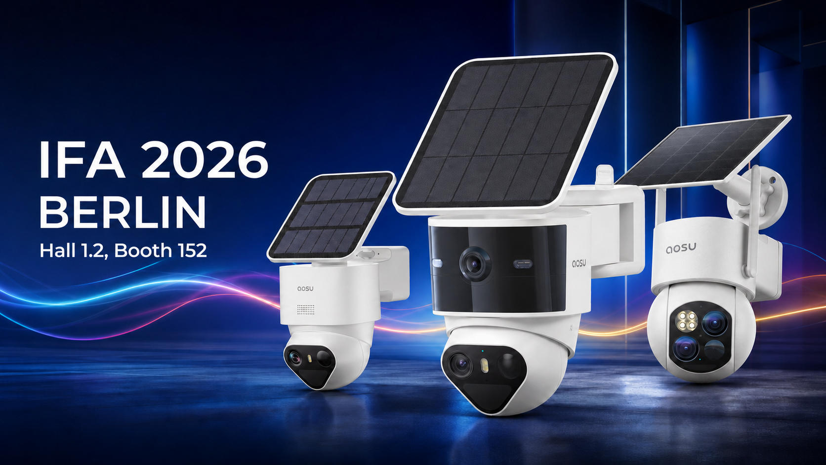 Three aosu SolarCam T2 cameras displayed against a blue IFA 2026 Berlin event backdrop