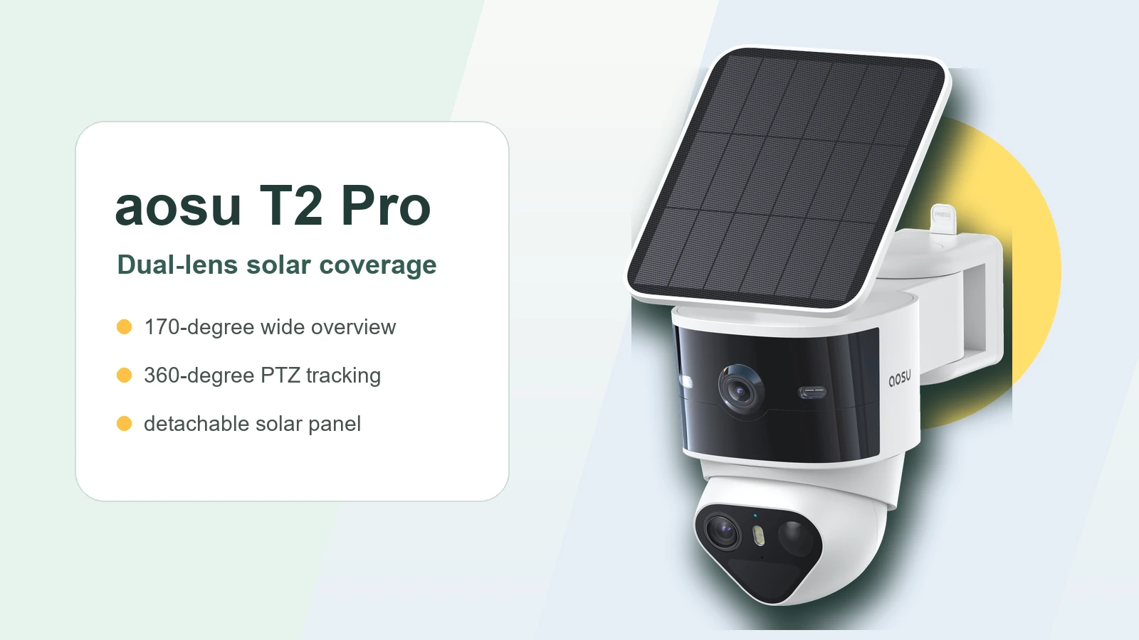 aosu T2 Pro solar security camera with callouts for wide overview, PTZ tracking, and detachable solar panel