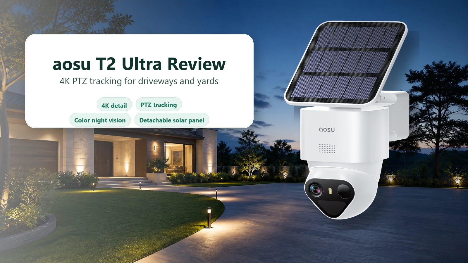 aosu T2 Ultra solar PTZ security camera with callouts for 4K detail, 360-degree PTZ, color night vision, and detachable solar panel