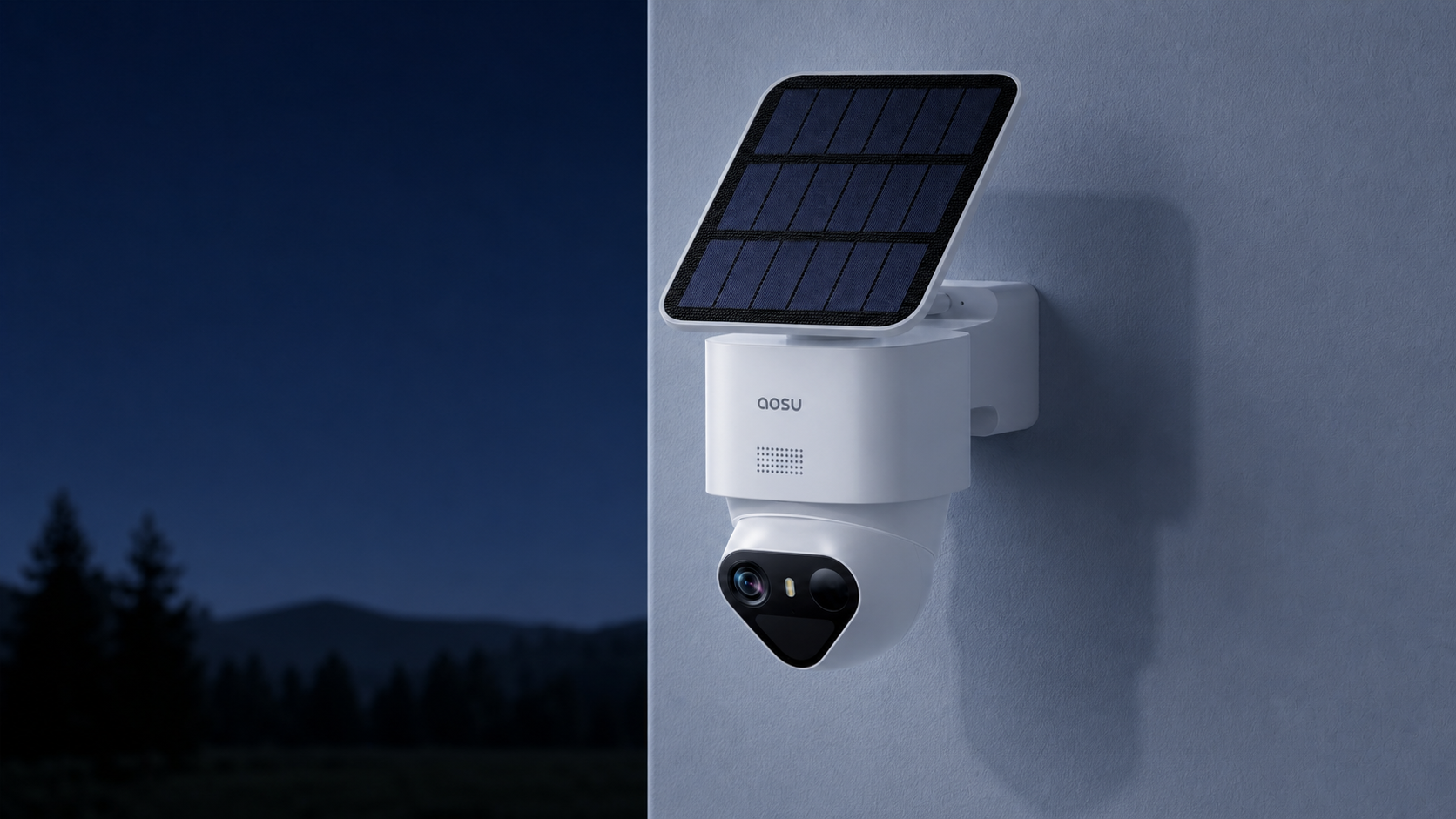 aosu T2 Ultra solar PTZ camera mounted near an exterior wall corner at night