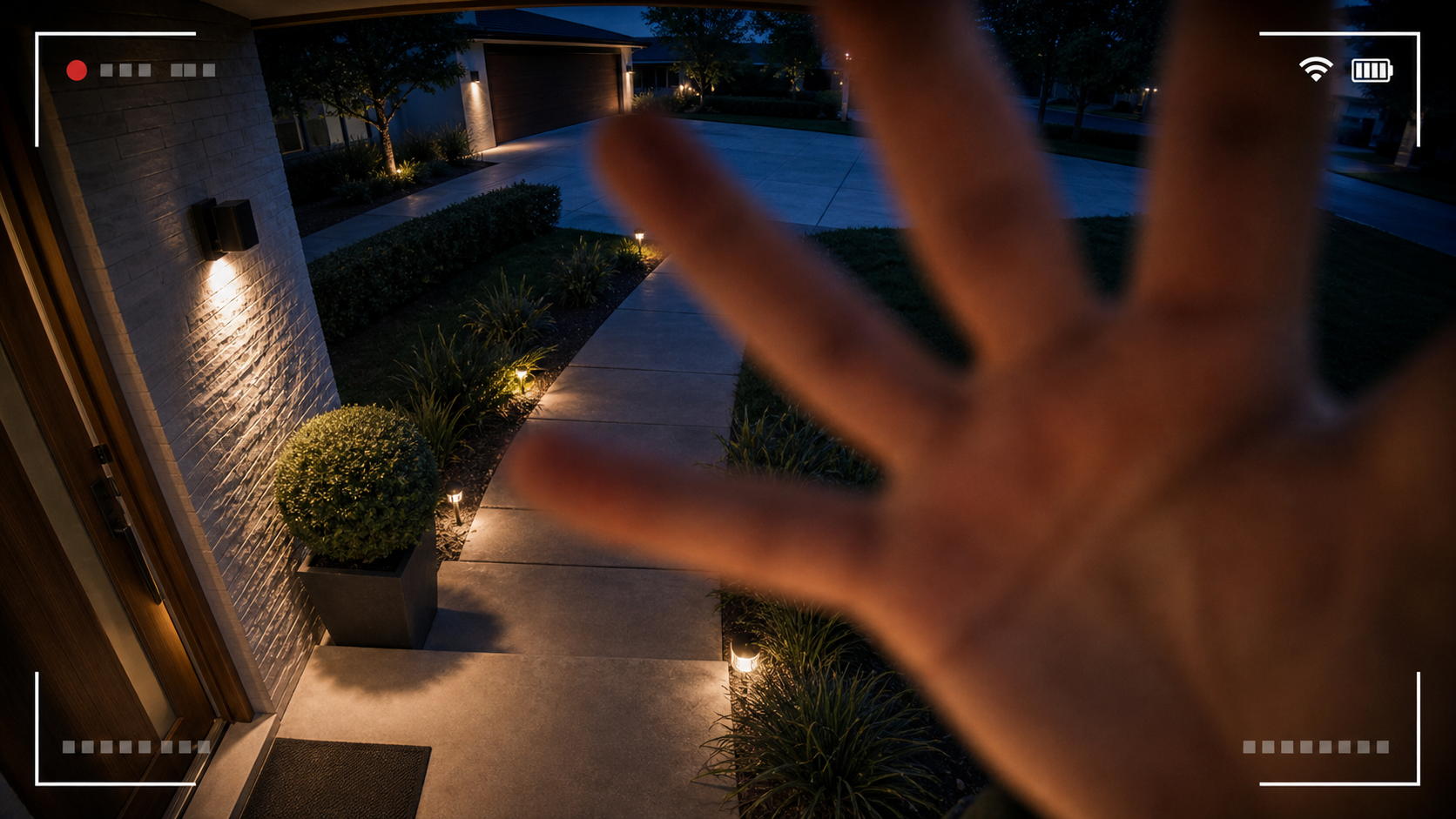 Security camera point of view with a blurred hand reaching toward the lens and a generic recording overlay