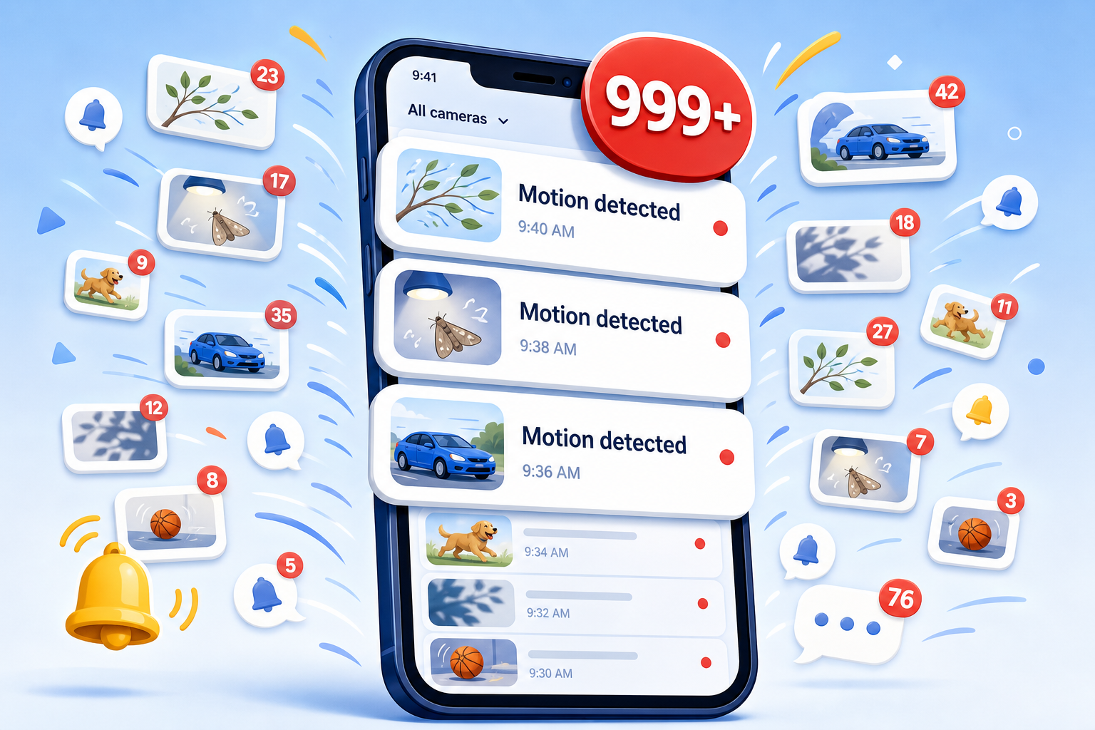 Phone overwhelmed by security camera motion notifications from branches, insects, cars, pets, and moving shadows