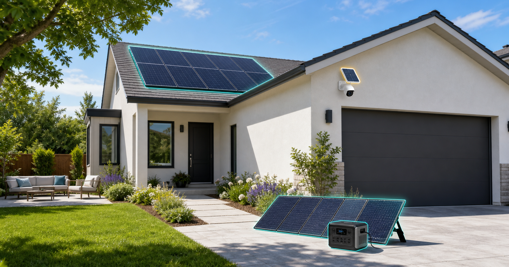 Modern home showing rooftop solar panels, a portable solar generator, and a solar-powered security camera