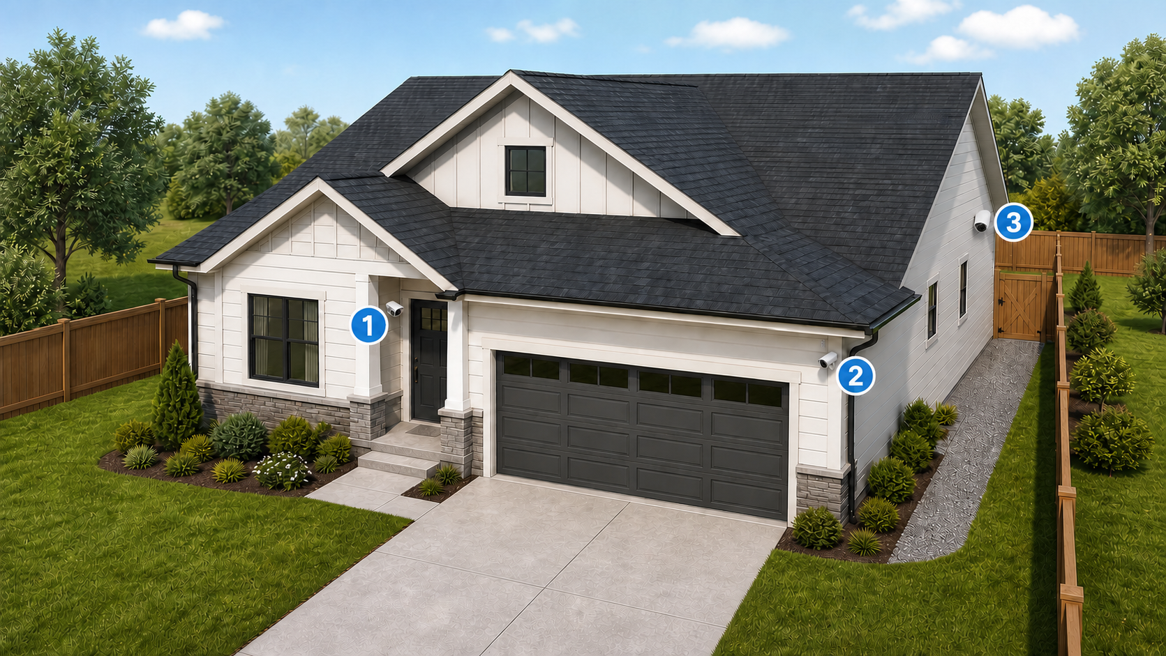 Three security cameras numbered around the front, garage, and side yard of a detached home