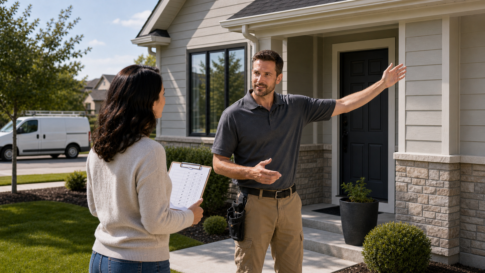 Homeowner holding a comparison checklist while a local home security installer explains a possible camera location