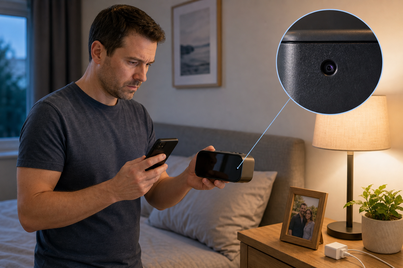 Person carefully checking ordinary household objects for a concealed camera lens