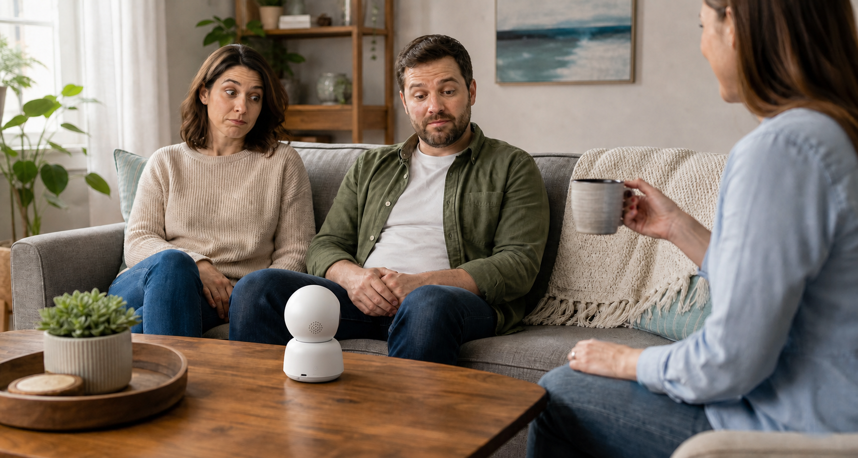 Indoor security camera on a coffee table facing two uncomfortable guests seated on a couch