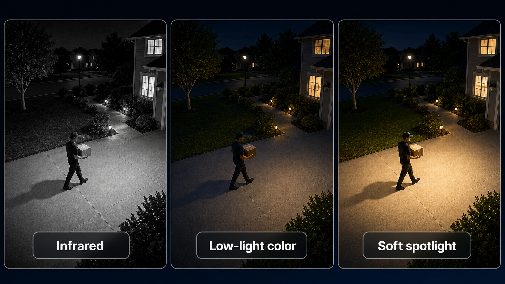 Security camera night vision modes shown over a driveway at night