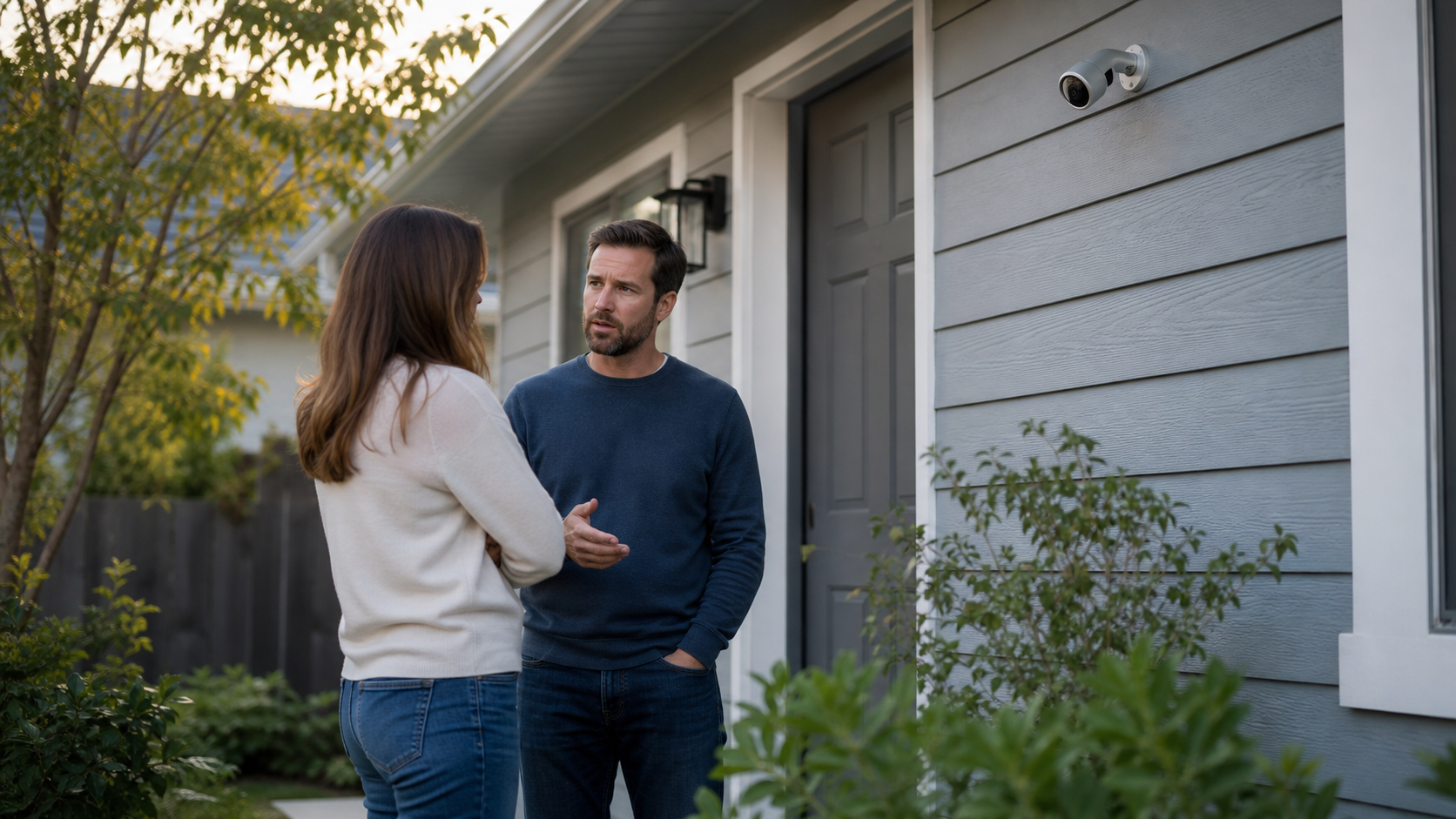 Two adults having a serious conversation near a home with a visible security camera on the wall