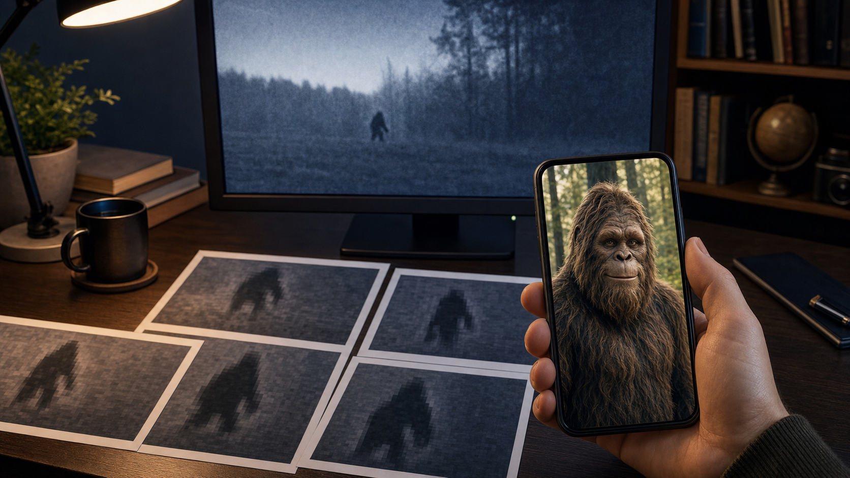 CCTV monitor and blurry silhouette printouts contrasted with a clear fictional Bigfoot portrait on a phone