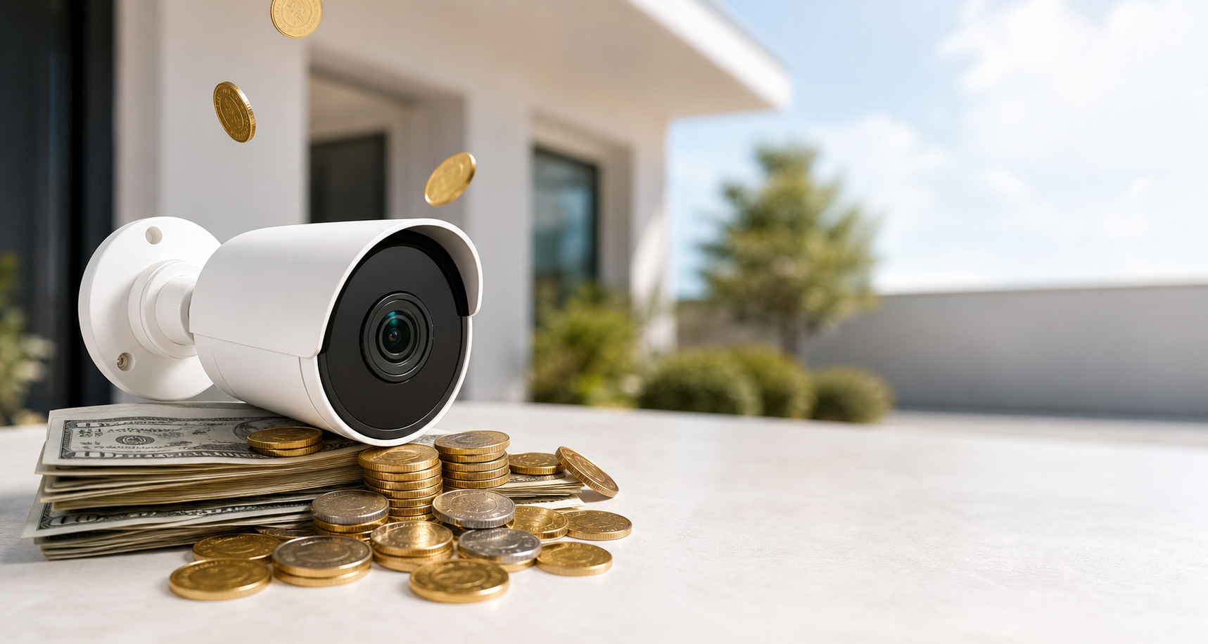 Security camera sitting on a small pile of money with coins falling nearby
