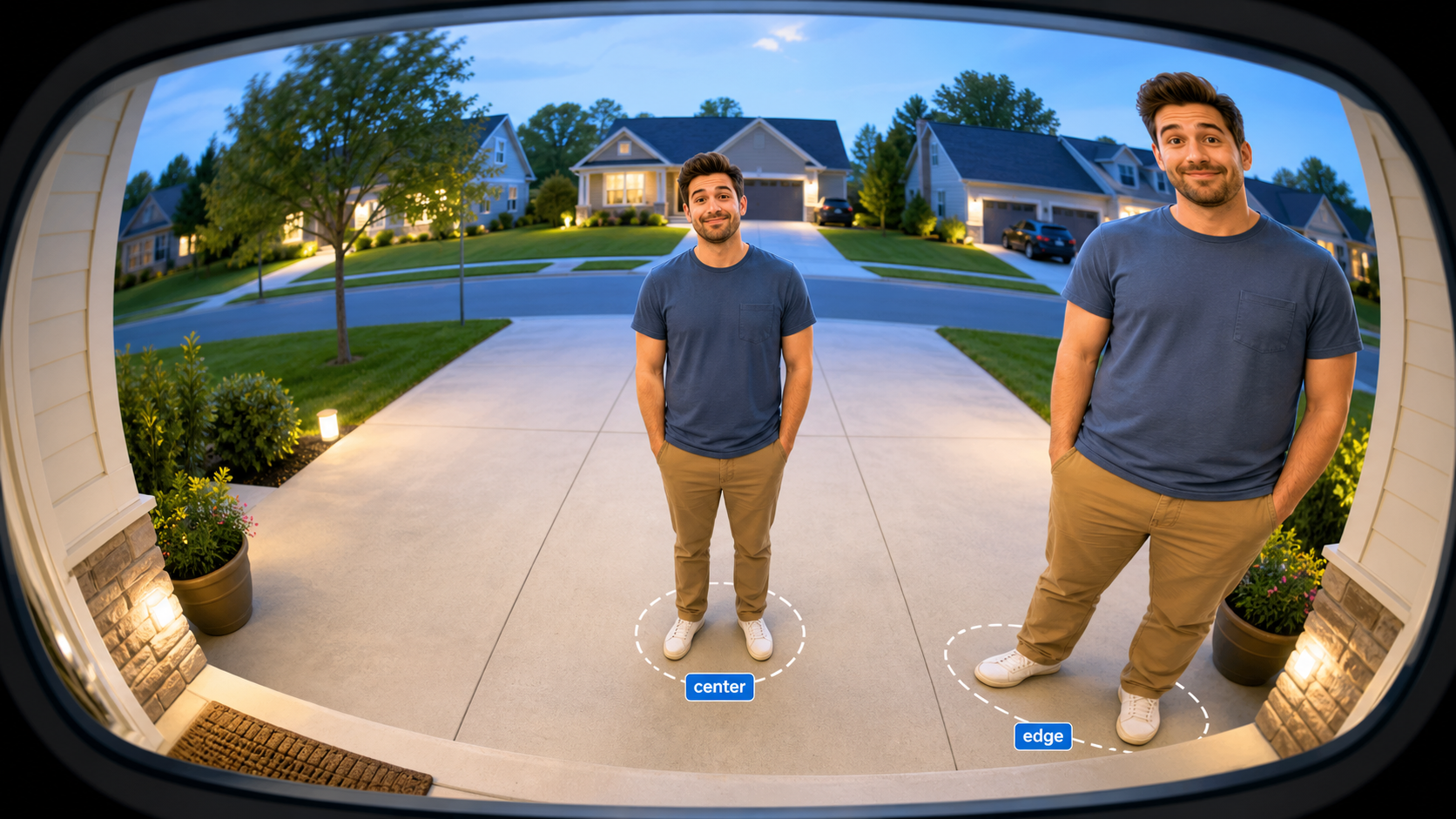 Security camera view showing how a person can look wider near the edge of a wide-angle frame