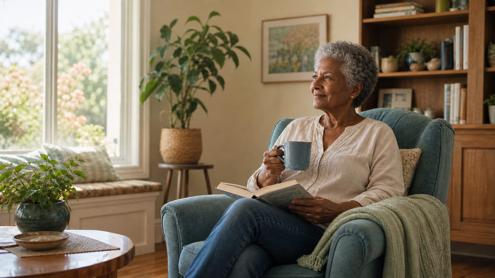 Black older woman relaxing comfortably at home with a book and cup of tea