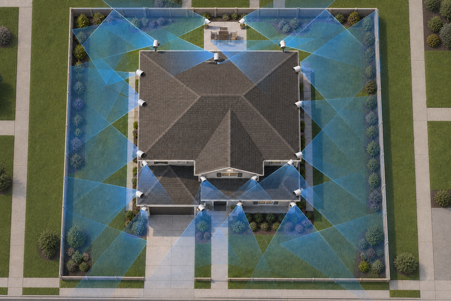 Overhead view of a suburban home surrounded by many security cameras with heavily overlapping fields of view