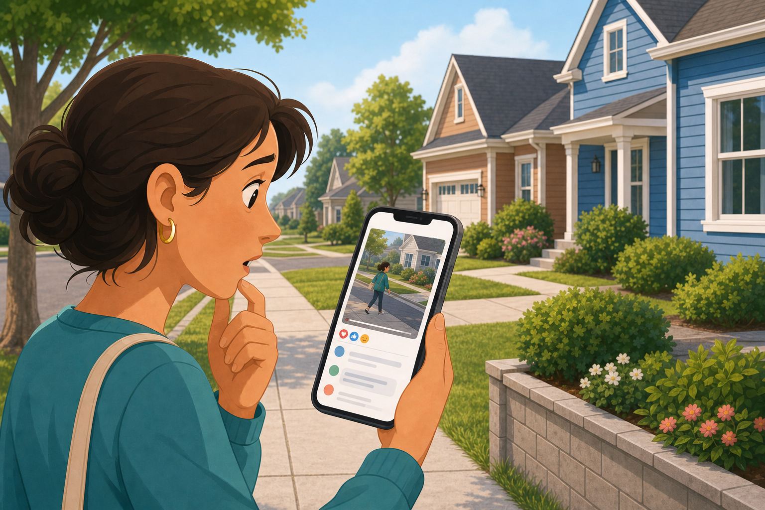 Woman viewing a neighborhood post that shows earlier footage of her walking on a sidewalk