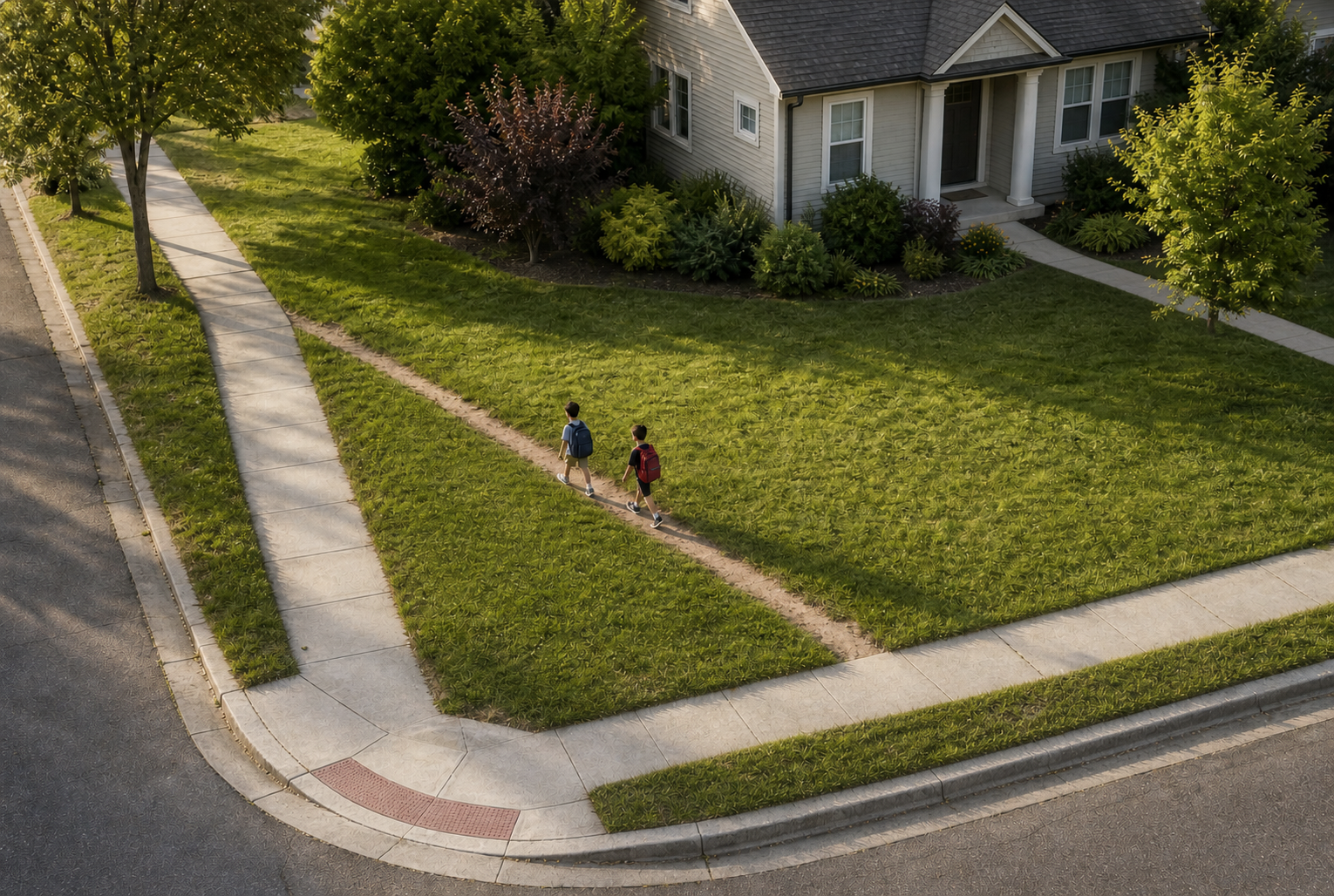 Two children using a worn shortcut across the corner lawn of a suburban home