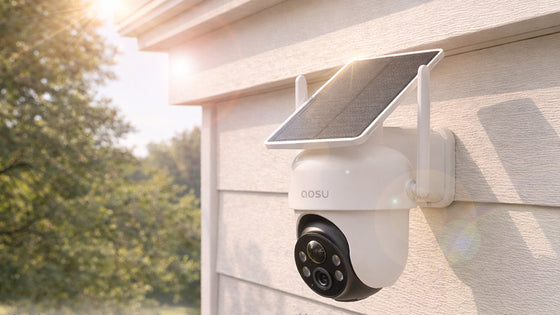aosu SolarCam D1 Classic mounted outdoors with its integrated solar panel
