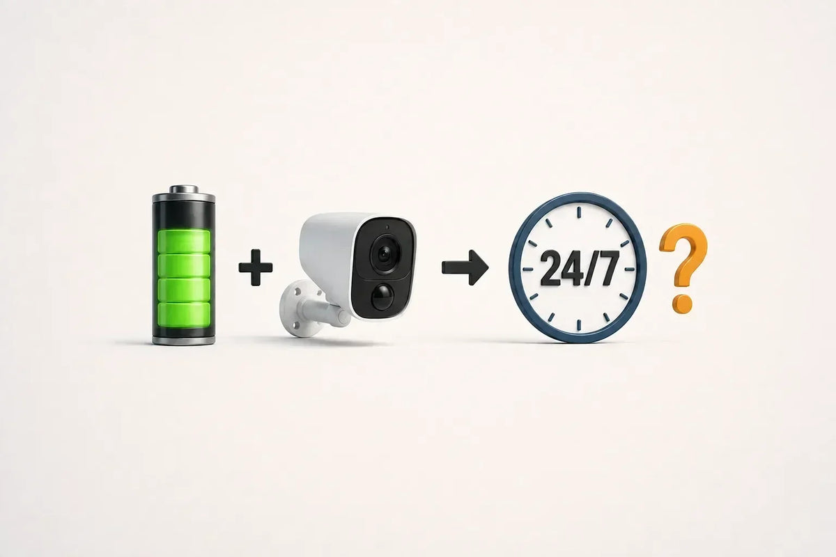 Battery icon plus camera arrow to 24/7 clock with question mark