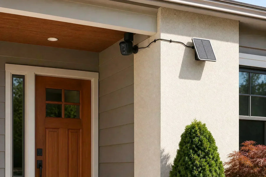 Security camera with separate solar panel mounted on beige wall beside recessed entryway.