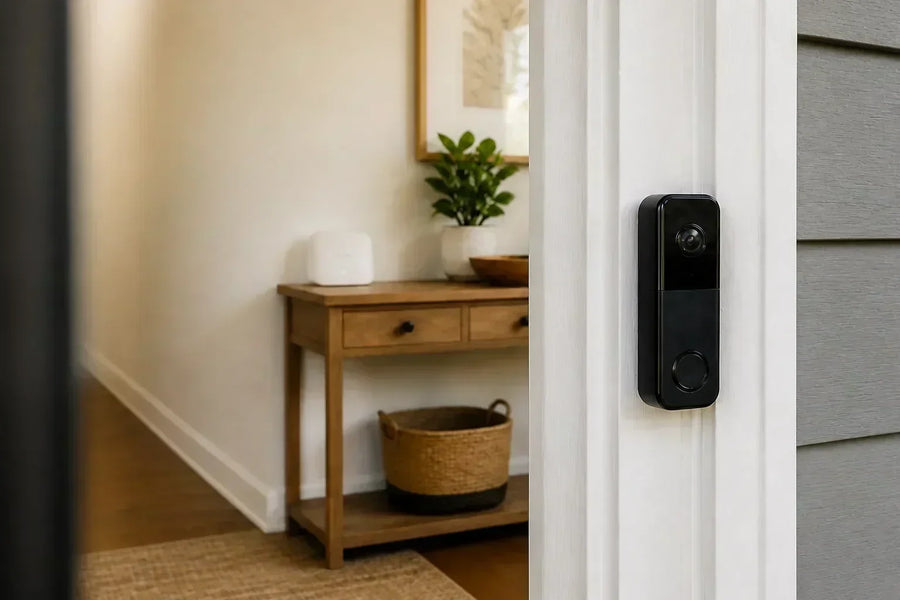 Black video doorbell mounted outside an entryway, with a separate white storage hub visible inside the home.