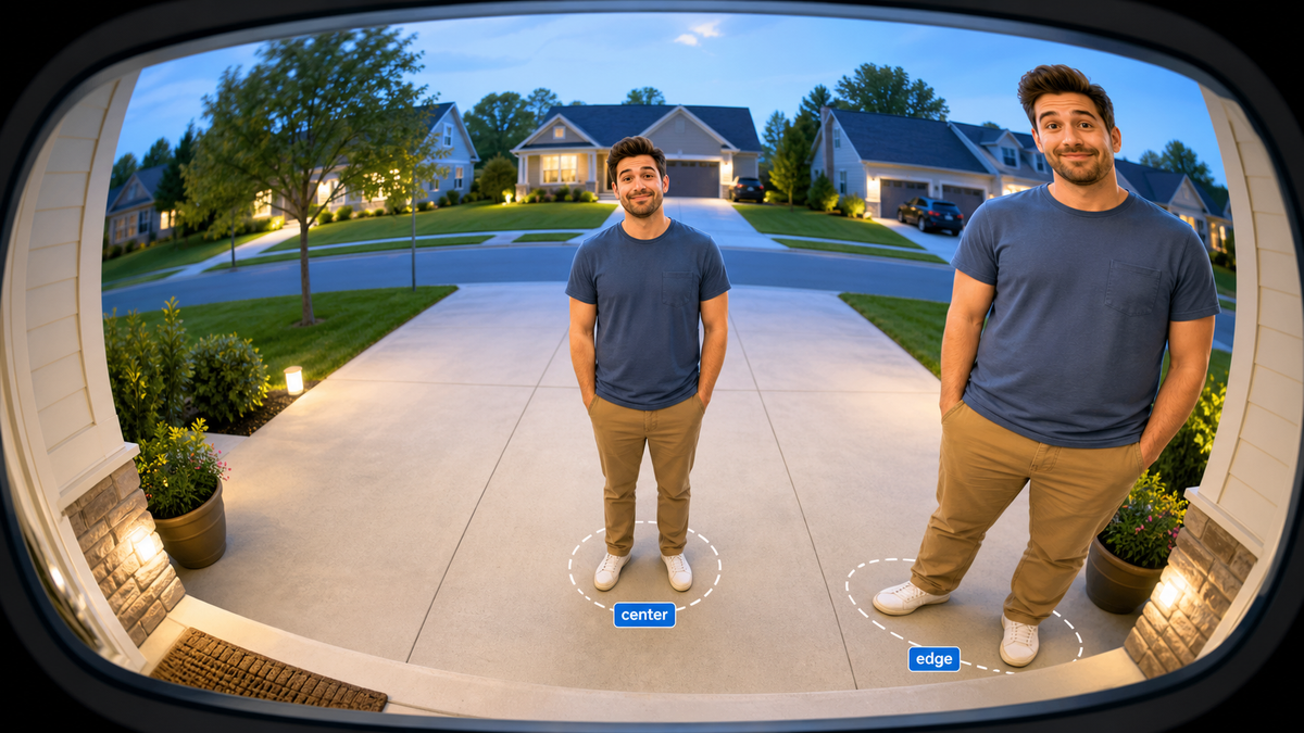 Security camera view showing how a person can look wider near the edge of a wide-angle frame