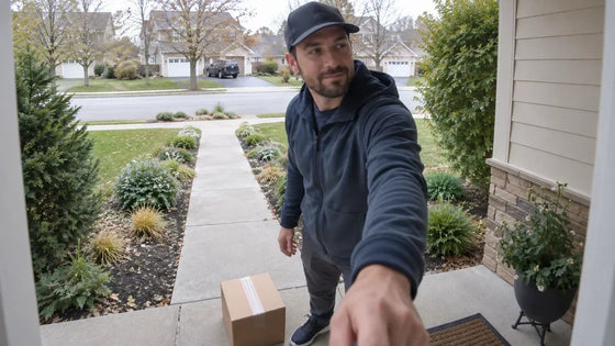 Video doorbell point of view showing a visitor pressing the bell with a package visible beside the doorstep