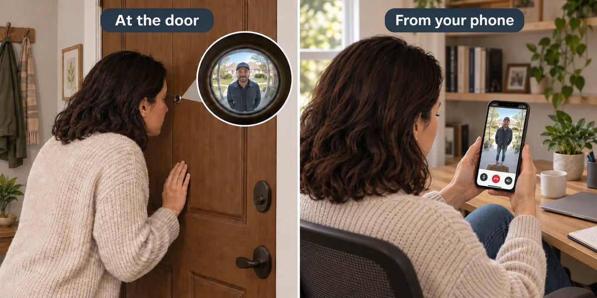 Split-screen comparison: woman at door with peephole view of visitor, and woman at desk viewing visitor on phone.