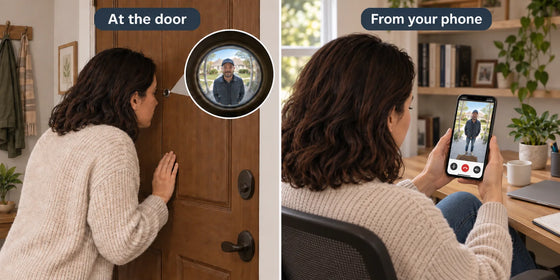 Split-screen comparison: woman at door with peephole view of visitor, and woman at desk viewing visitor on phone.