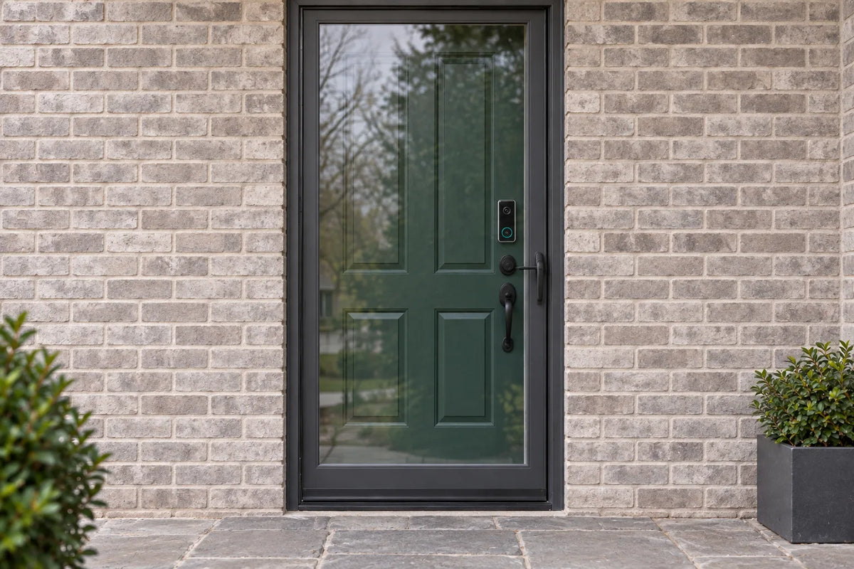 A video doorbell mounted on a storm door with a glass panel, from the guide on doorbells behind storm doors.