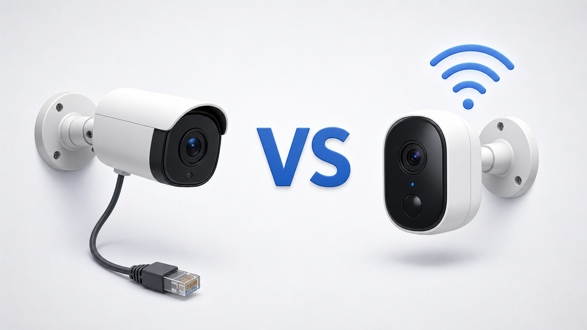 Wired security camera with an Ethernet cable compared with a wire-free Wi-Fi security camera