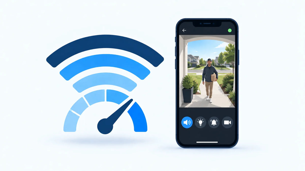 Blue Wi-Fi arc icon beside a phone showing a video of a man carrying a box.