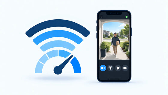 Blue Wi-Fi arc icon beside a phone showing a video of a man carrying a box.