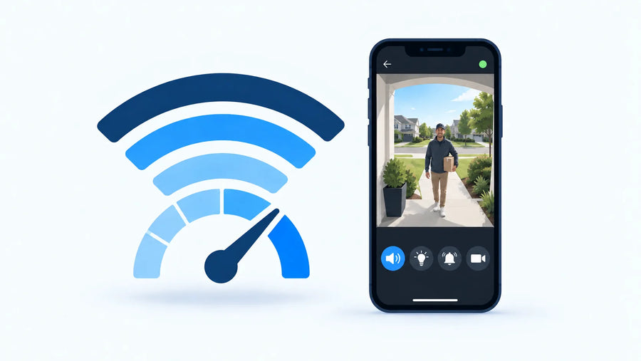 Blue Wi-Fi arc icon beside a phone showing a video of a man carrying a box.